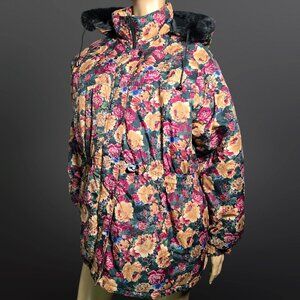 Vintage 80s Floral Puffer Ski Jacket Coat Black Faux Fur Trim Oversized size L